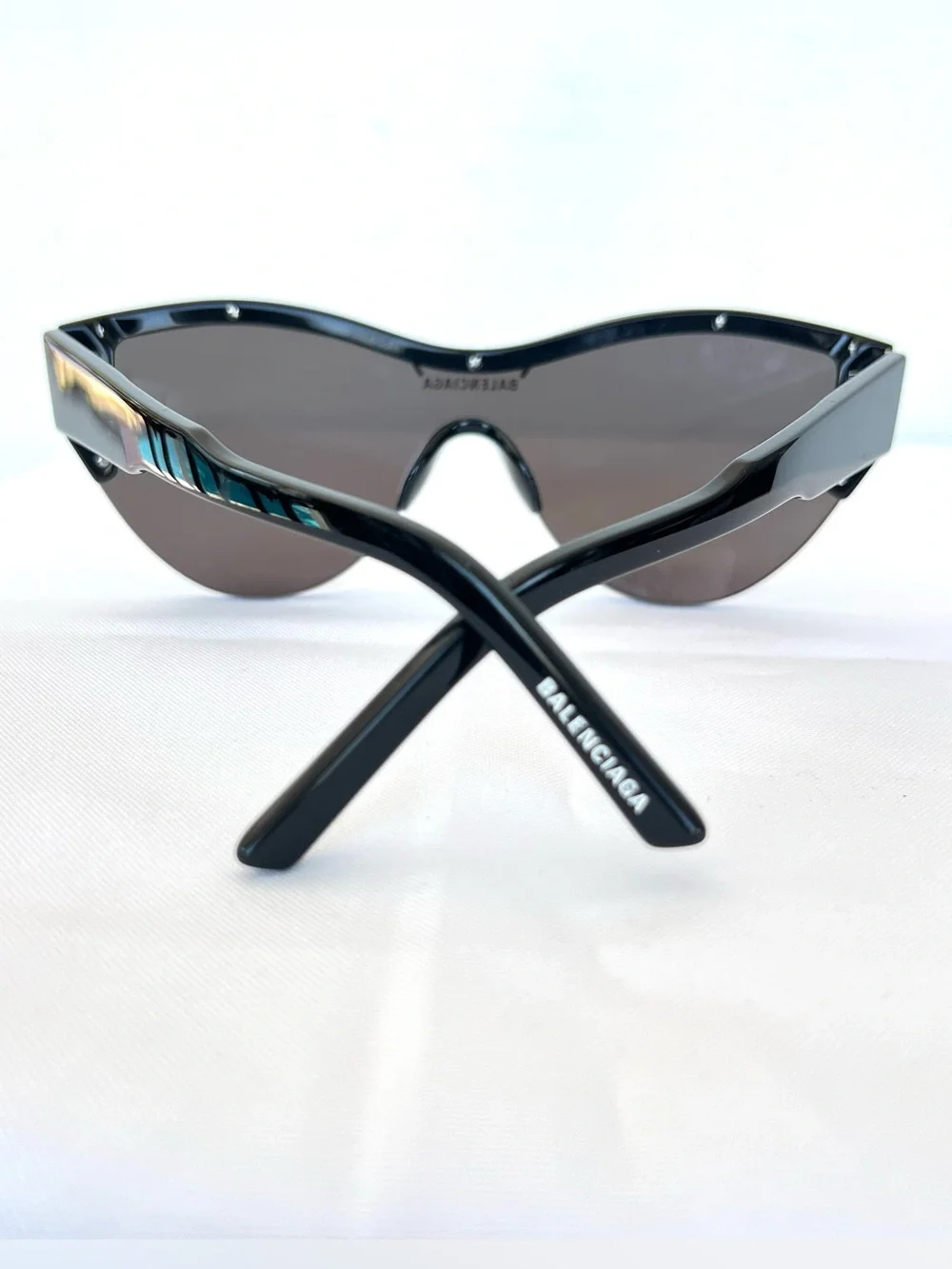 BALENCIAGA BB0004SA Shield Shape Grey Lens Frame White Imprint Sunglasses NWB